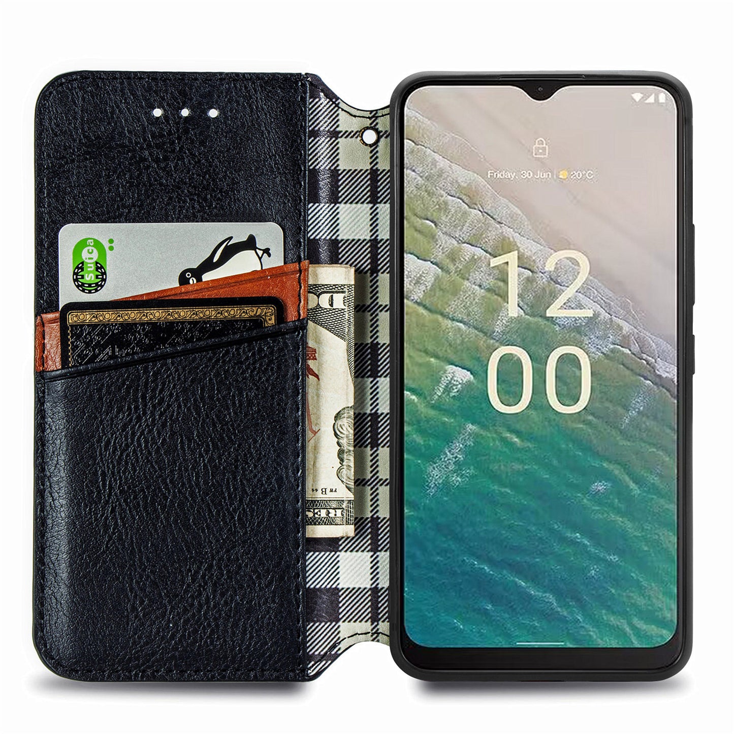 For Nokia C32 Anti-Scratch Phone Shell Case Rhombus Imprint Shockproof Leather Wallet Stand Cover