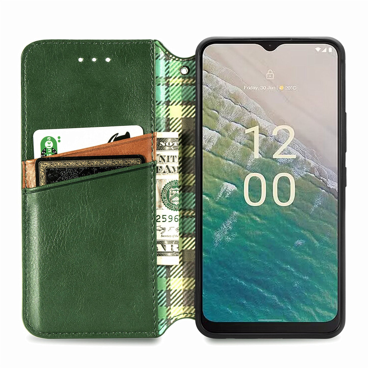 For Nokia C32 Anti-Scratch Phone Shell Case Rhombus Imprint Shockproof Leather Wallet Stand Cover