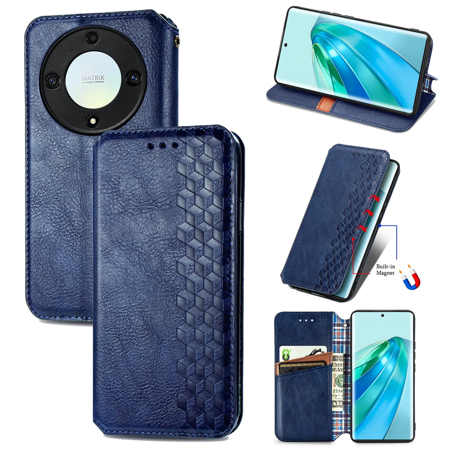 For Honor X40 5G / X9a 5G / Magic5 Lite 5G Rhombus Imprint Shockproof Cover Leather Wallet Stand Phone Case