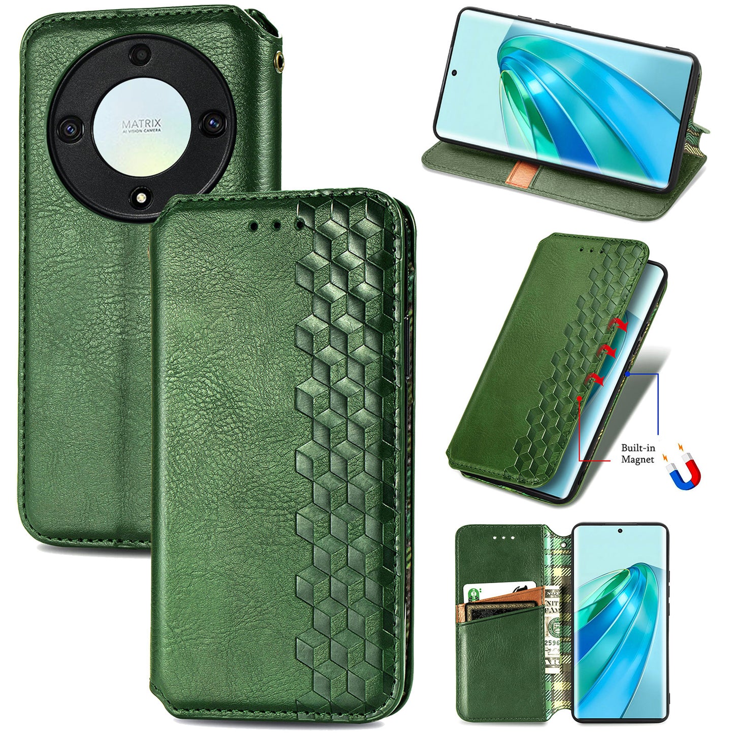For Honor X40 5G / X9a 5G / Magic5 Lite 5G Rhombus Imprint Shockproof Cover Leather Wallet Stand Phone Case