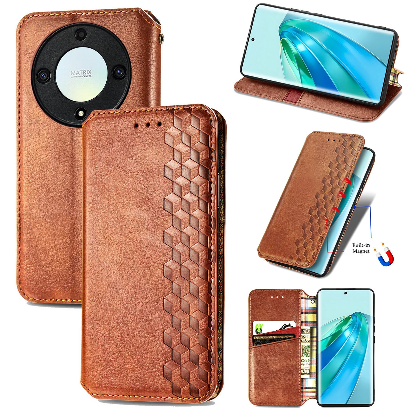 For Honor X40 5G / X9a 5G / Magic5 Lite 5G Rhombus Imprint Shockproof Cover Leather Wallet Stand Phone Case