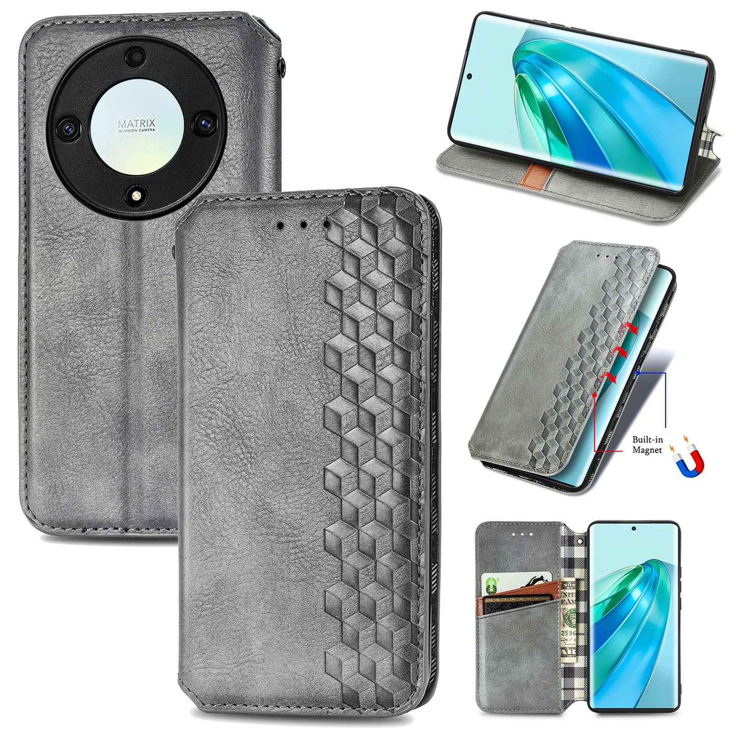 For Honor X40 5G / X9a 5G / Magic5 Lite 5G Rhombus Imprint Shockproof Cover Leather Wallet Stand Phone Case