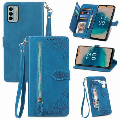For Nokia G22 Flower Imprinted Stand Wallet Cover Zipper Pocket Leather Anti-drop Phone Case