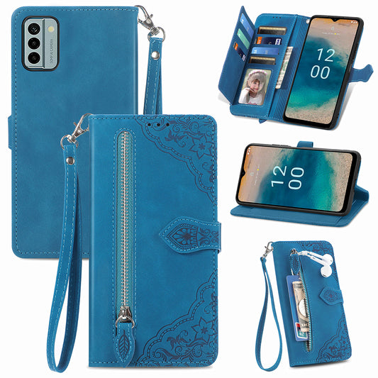 For Nokia G22 Flower Imprinted Stand Wallet Cover Zipper Pocket Leather Anti-drop Phone Case