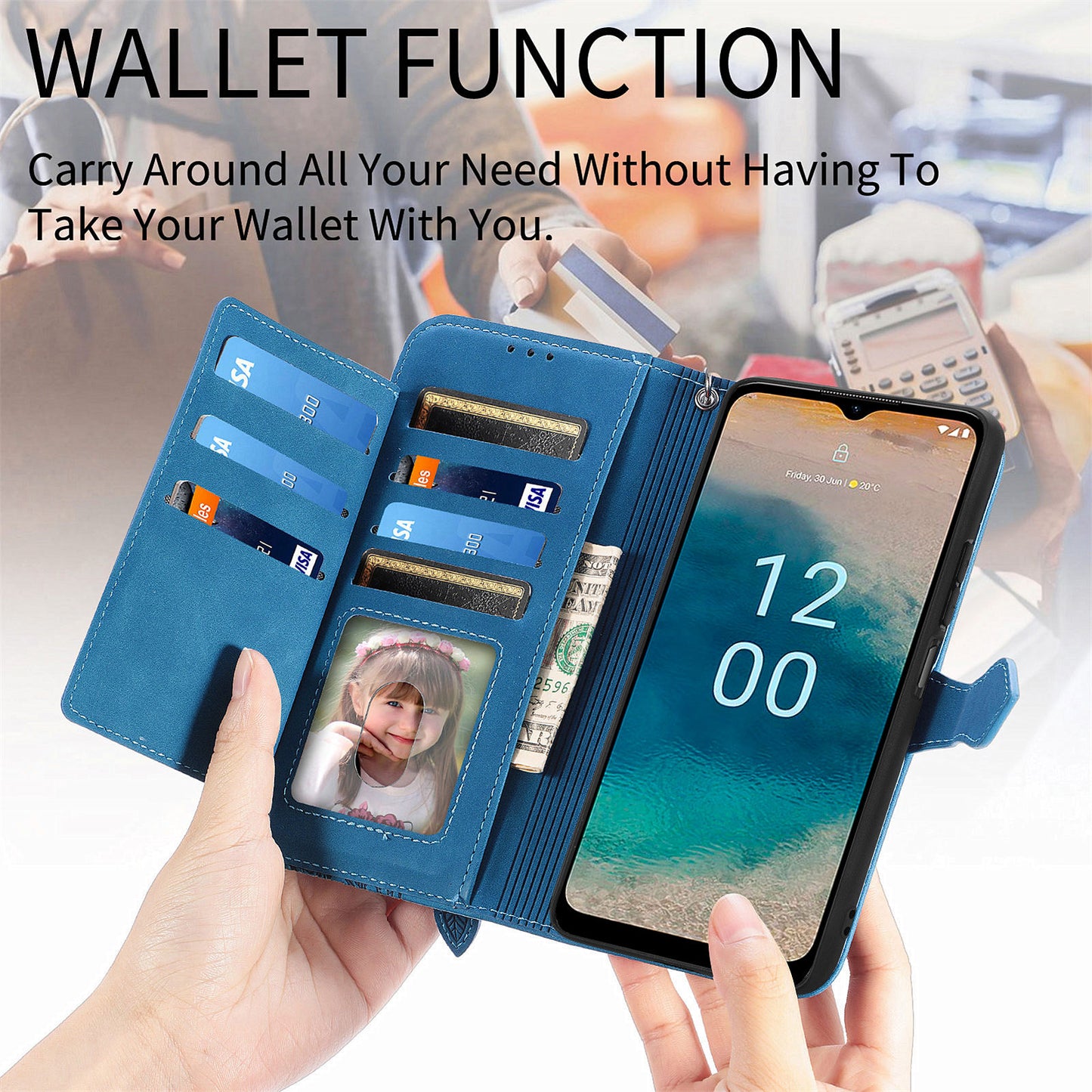 For Nokia G22 Flower Imprinted Stand Wallet Cover Zipper Pocket Leather Anti-drop Phone Case