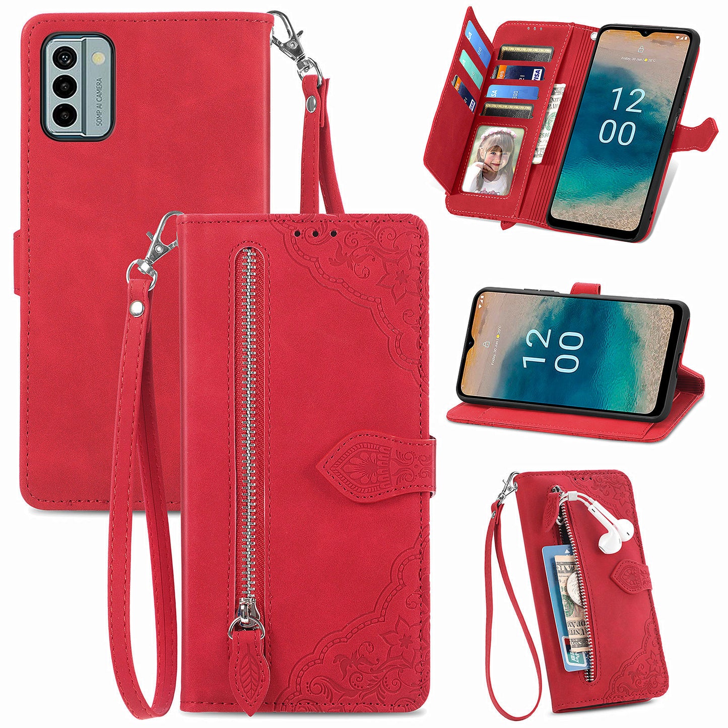 For Nokia G22 Flower Imprinted Stand Wallet Cover Zipper Pocket Leather Anti-drop Phone Case