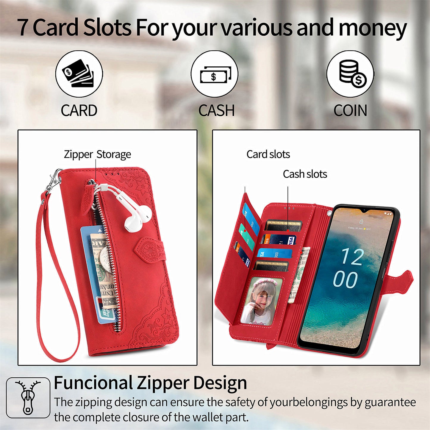 For Nokia G22 Flower Imprinted Stand Wallet Cover Zipper Pocket Leather Anti-drop Phone Case