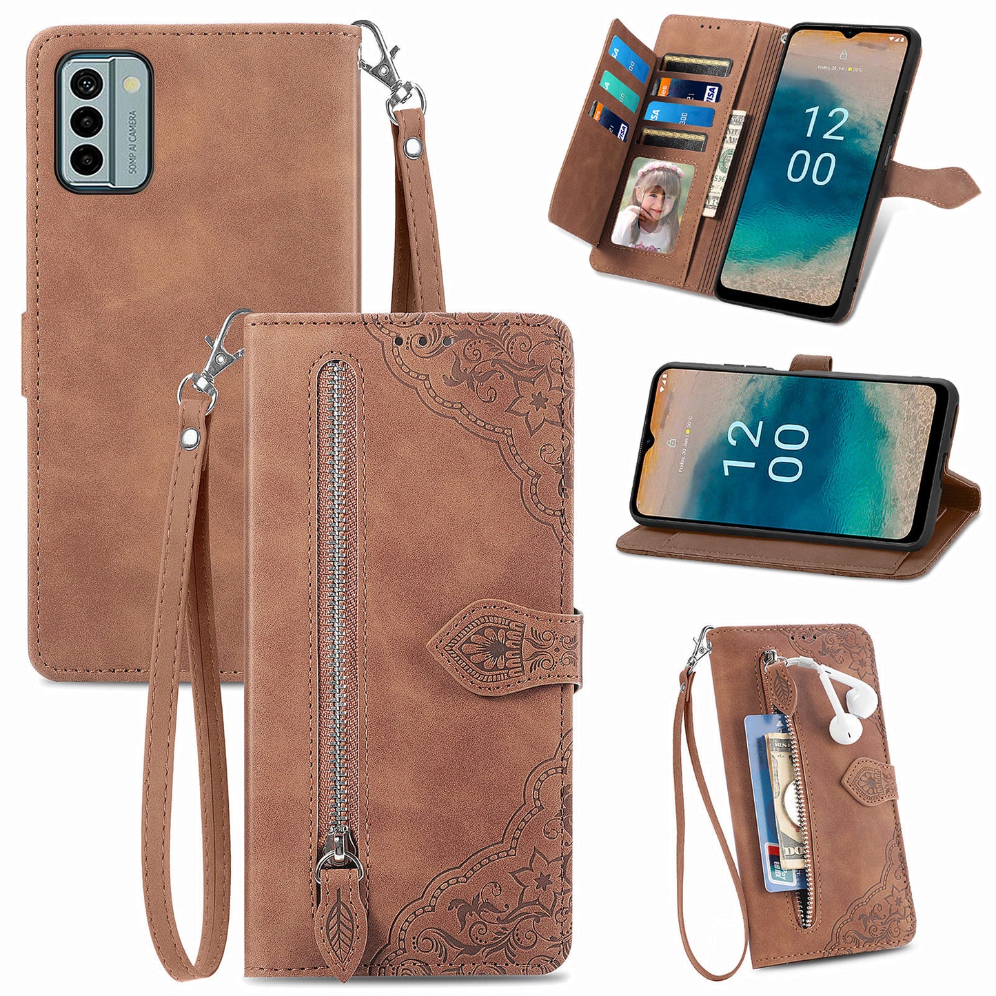 For Nokia G22 Flower Imprinted Stand Wallet Cover Zipper Pocket Leather Anti-drop Phone Case