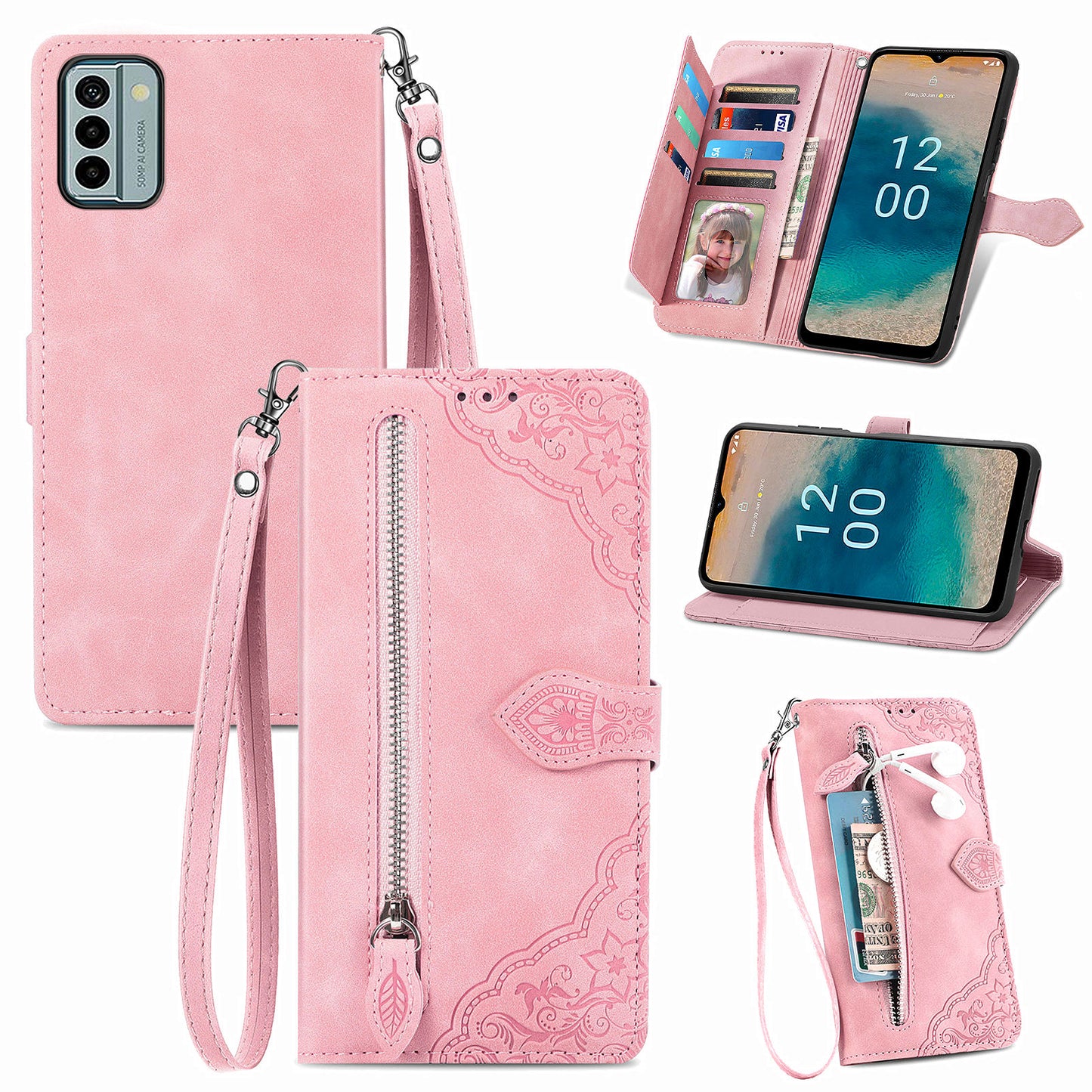 For Nokia G22 Flower Imprinted Stand Wallet Cover Zipper Pocket Leather Anti-drop Phone Case