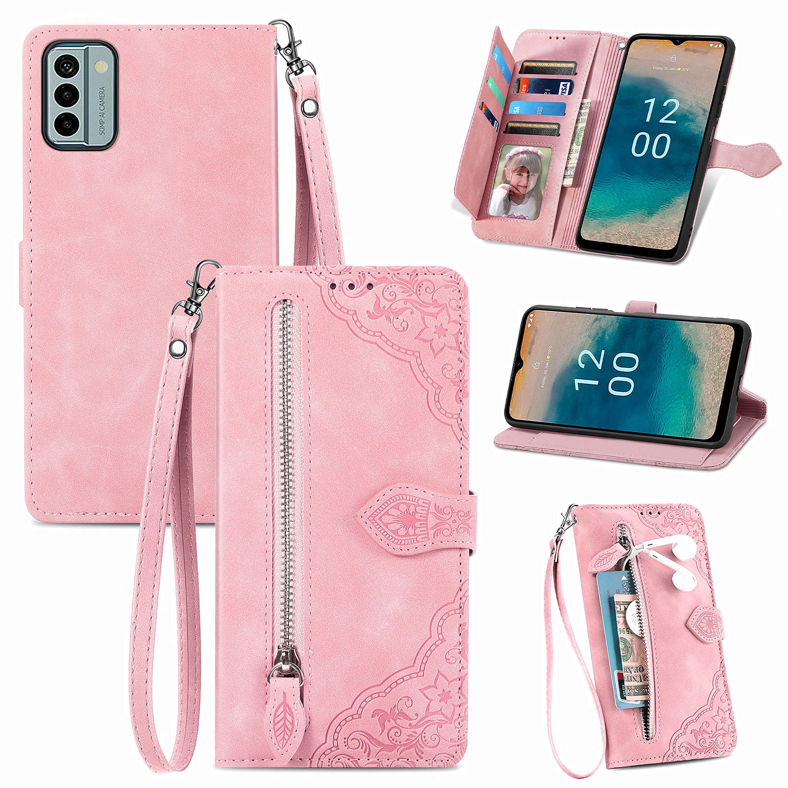 For Nokia G22 Flower Imprinted Stand Wallet Cover Zipper Pocket Leather Anti-drop Phone Case