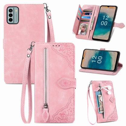 For Nokia G22 Flower Imprinted Stand Wallet Cover Zipper Pocket Leather Anti-drop Phone Case
