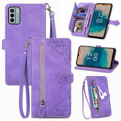 For Nokia G22 Flower Imprinted Stand Wallet Cover Zipper Pocket Leather Anti-drop Phone Case
