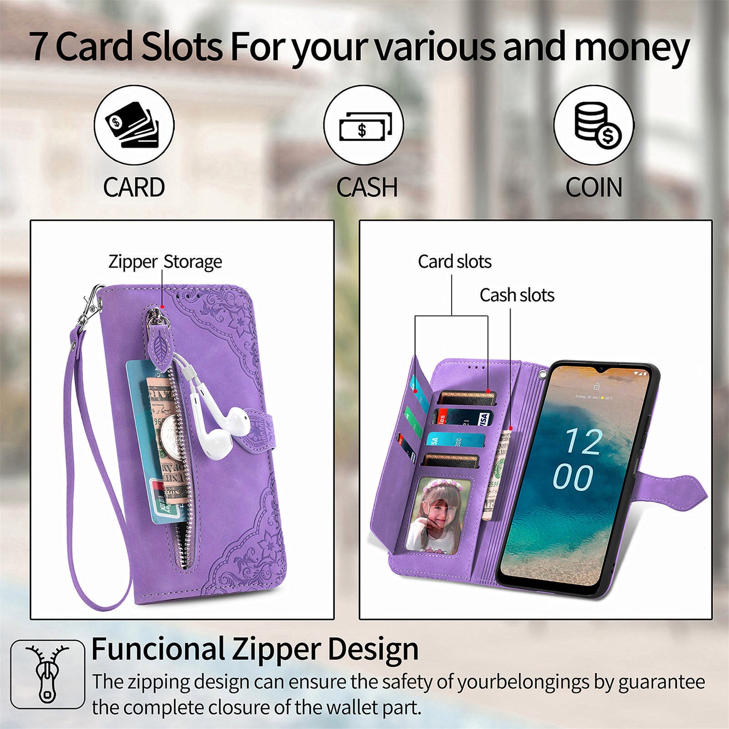 For Nokia G22 Flower Imprinted Stand Wallet Cover Zipper Pocket Leather Anti-drop Phone Case