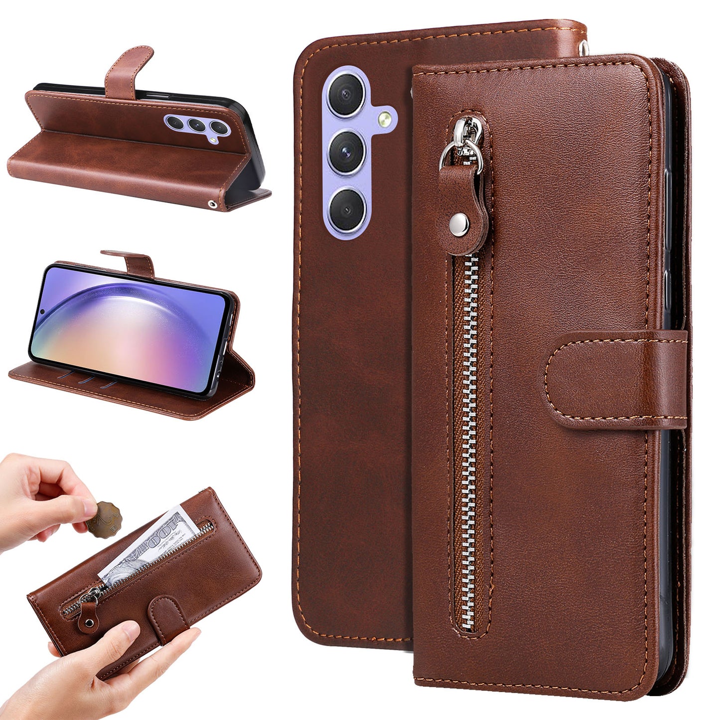 For Samsung Galaxy M54 5G / F54 5G PU Leather Zipper Pocket Phone Case Calf Texture Wallet Stand Cover