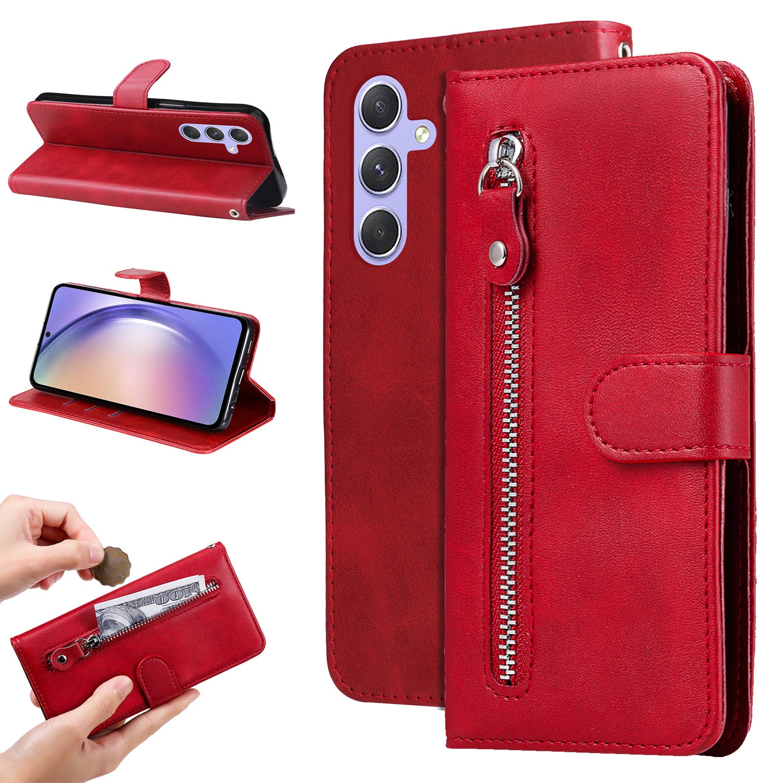 For Samsung Galaxy M54 5G / F54 5G PU Leather Zipper Pocket Phone Case Calf Texture Wallet Stand Cover
