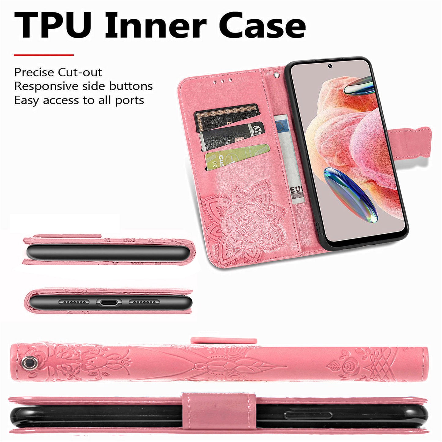 For Xiaomi Redmi Note 12 4G PU Leather Cover Stand Butterfly Imprinted Flip Wallet Phone Case