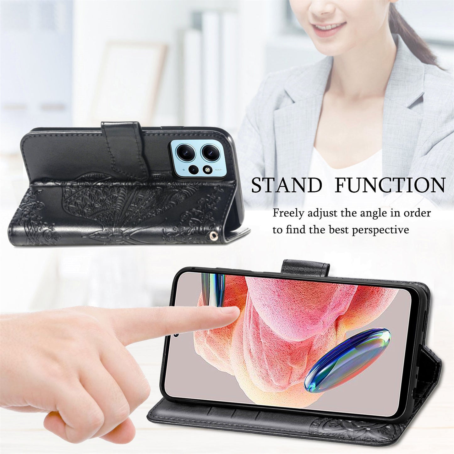 For Xiaomi Redmi Note 12 4G PU Leather Cover Stand Butterfly Imprinted Flip Wallet Phone Case