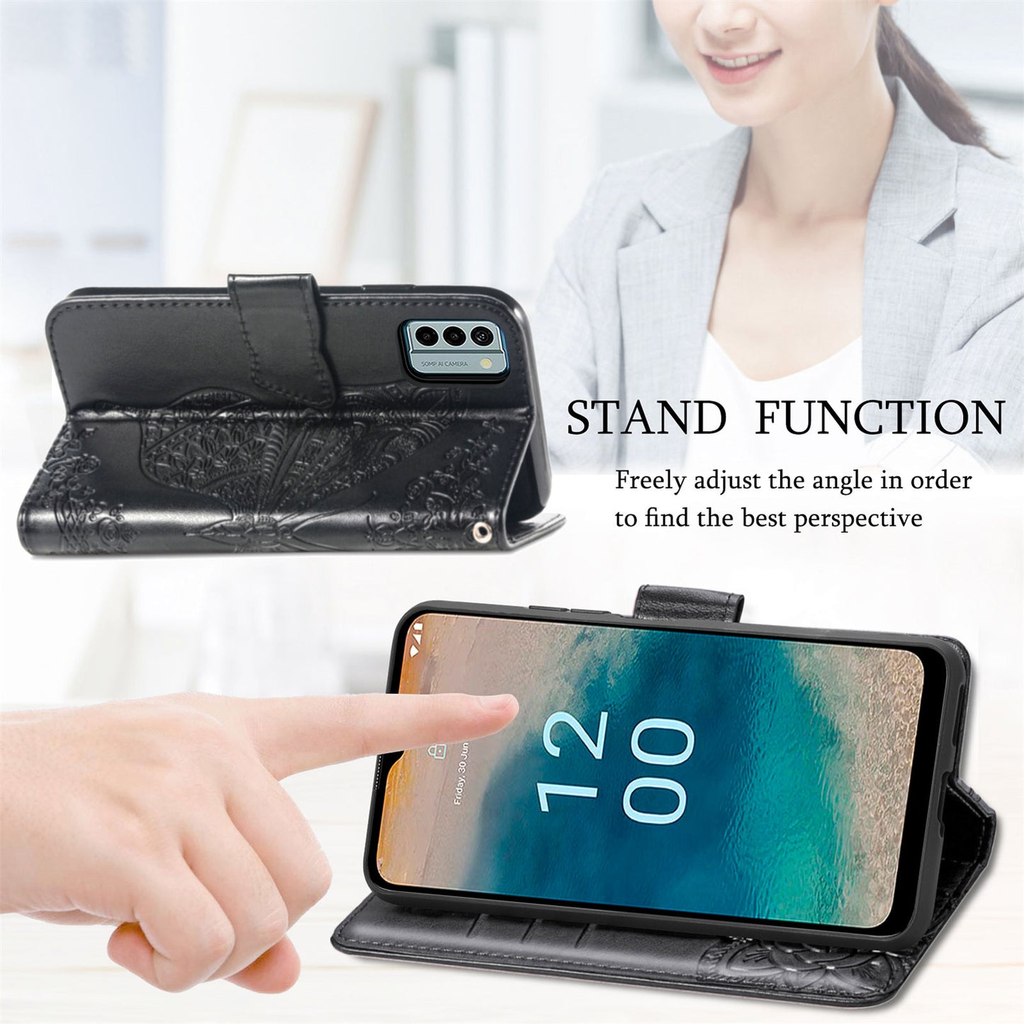 For Nokia G22 Wallet Flip Folio Cover PU Leather Stand Butterfly Imprinted Phone Case