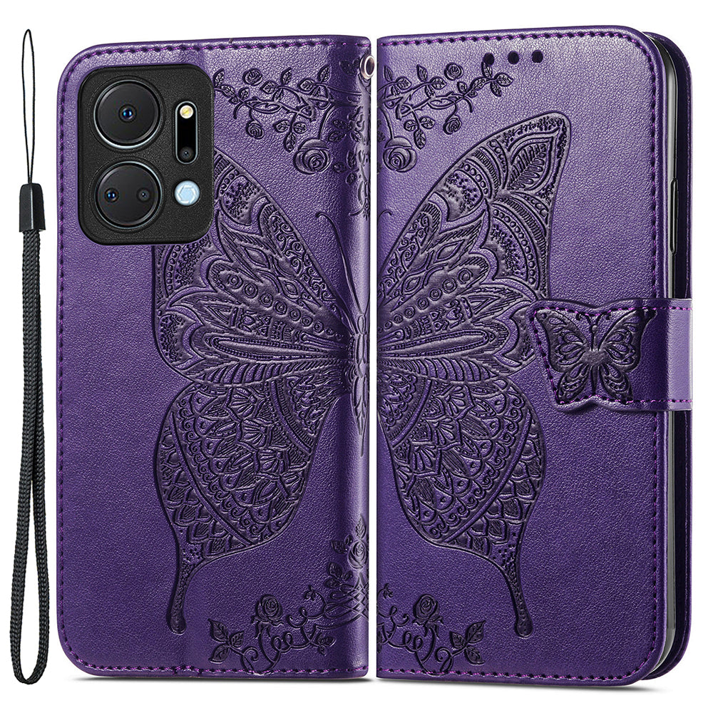 Wallet Phone Case for Honor X7a 4G / Play 40 Plus 5G , PU Leather Stand Butterfly Imprinted Cover