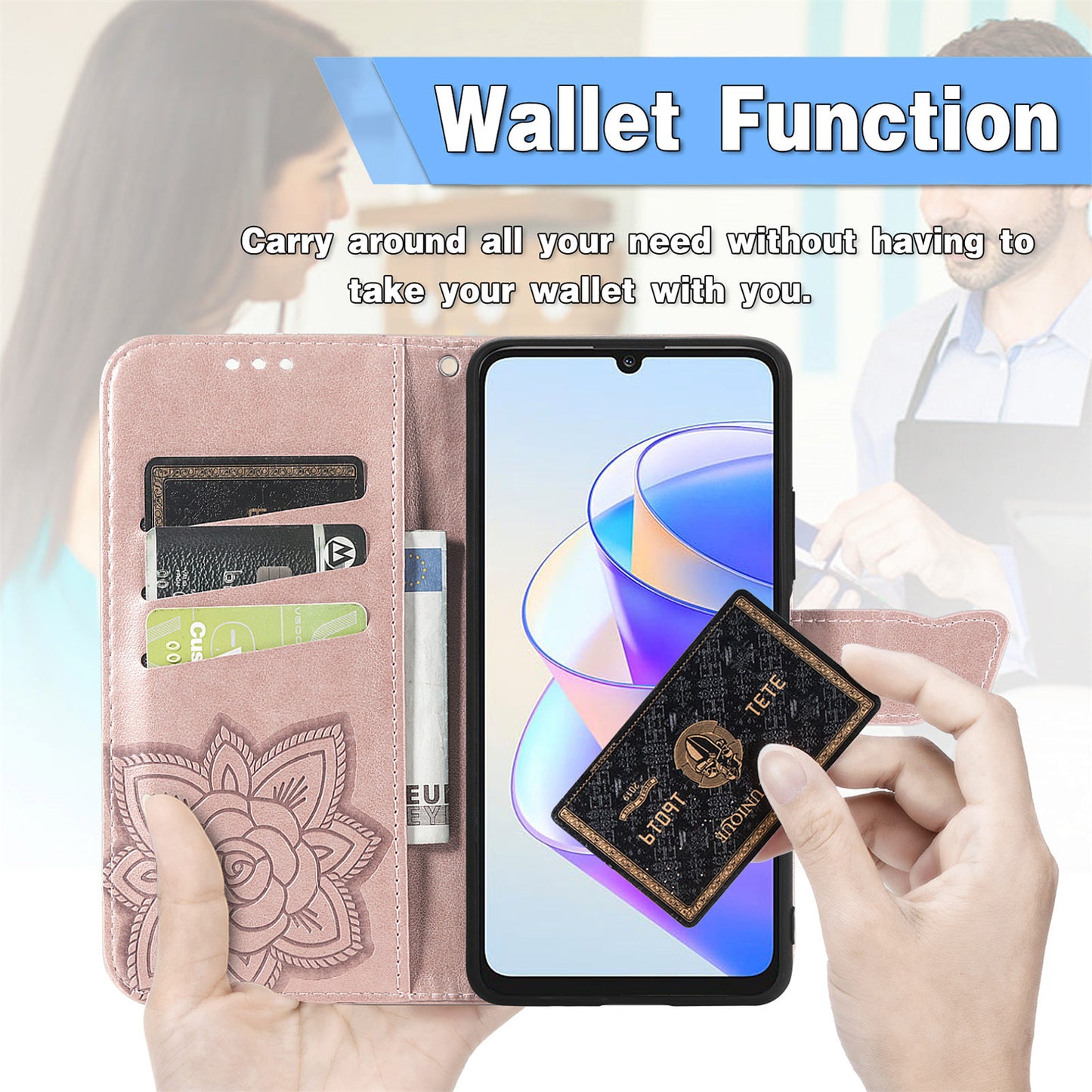 Wallet Phone Case for Honor X7a 4G / Play 40 Plus 5G , PU Leather Stand Butterfly Imprinted Cover