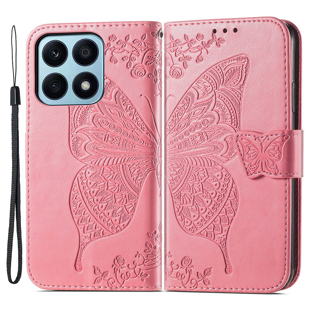 For Honor X8a 4G PU Leather Phone Case Stand Wallet Butterfly Imprinted Flip Cover