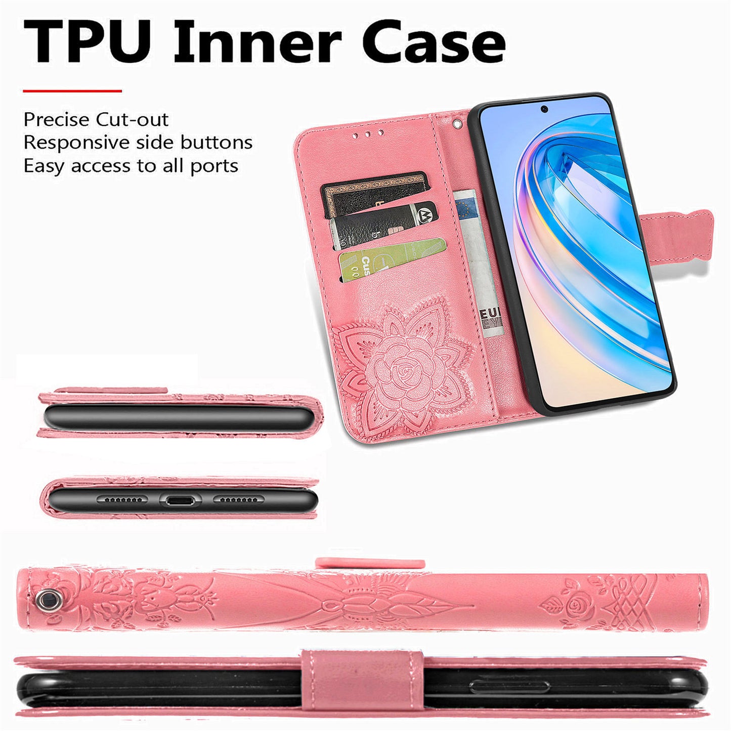 For Honor X8a 4G PU Leather Phone Case Stand Wallet Butterfly Imprinted Flip Cover
