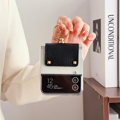 For Samsung Galaxy Z Flip3 5G Hard PC Phone Case PU Leather Metal Ring Holder Kickstand Protective Cover