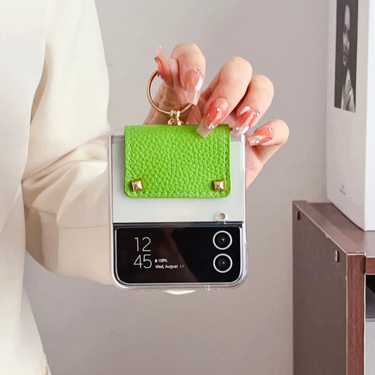 For Samsung Galaxy Z Flip3 5G Hard PC Phone Case PU Leather Metal Ring Holder Kickstand Protective Cover