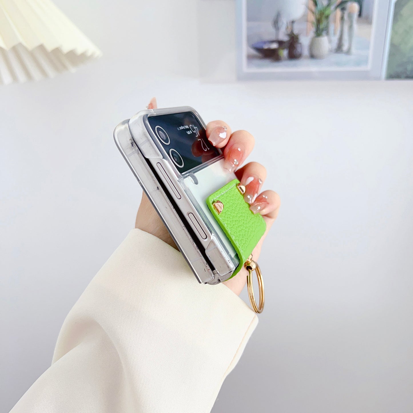 For Samsung Galaxy Z Flip3 5G Hard PC Phone Case PU Leather Metal Ring Holder Kickstand Protective Cover