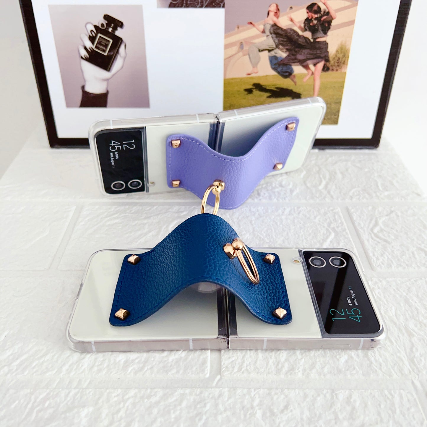 For Samsung Galaxy Z Flip3 5G Hard PC Phone Case PU Leather Metal Ring Holder Kickstand Protective Cover