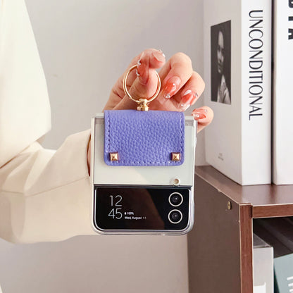 For Samsung Galaxy Z Flip3 5G Hard PC Phone Case PU Leather Metal Ring Holder Kickstand Protective Cover