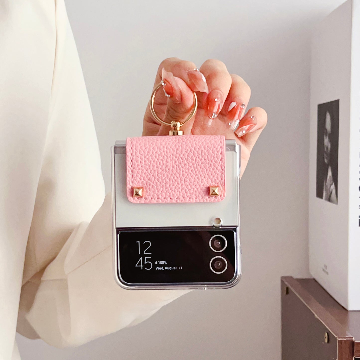 For Samsung Galaxy Z Flip3 5G Hard PC Phone Case PU Leather Metal Ring Holder Kickstand Protective Cover