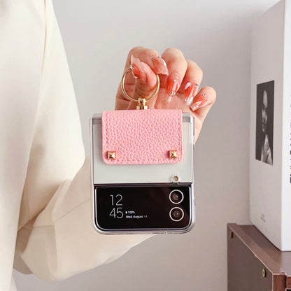 For Samsung Galaxy Z Flip3 5G Hard PC Phone Case PU Leather Metal Ring Holder Kickstand Protective Cover