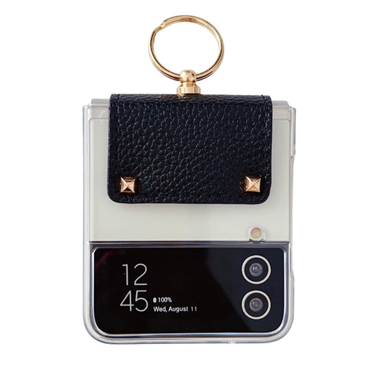 For Samsung Galaxy Z Flip4 5G Anti-Scratch PC Back Cover PU Leather Metal Ring Kickstand Phone Case