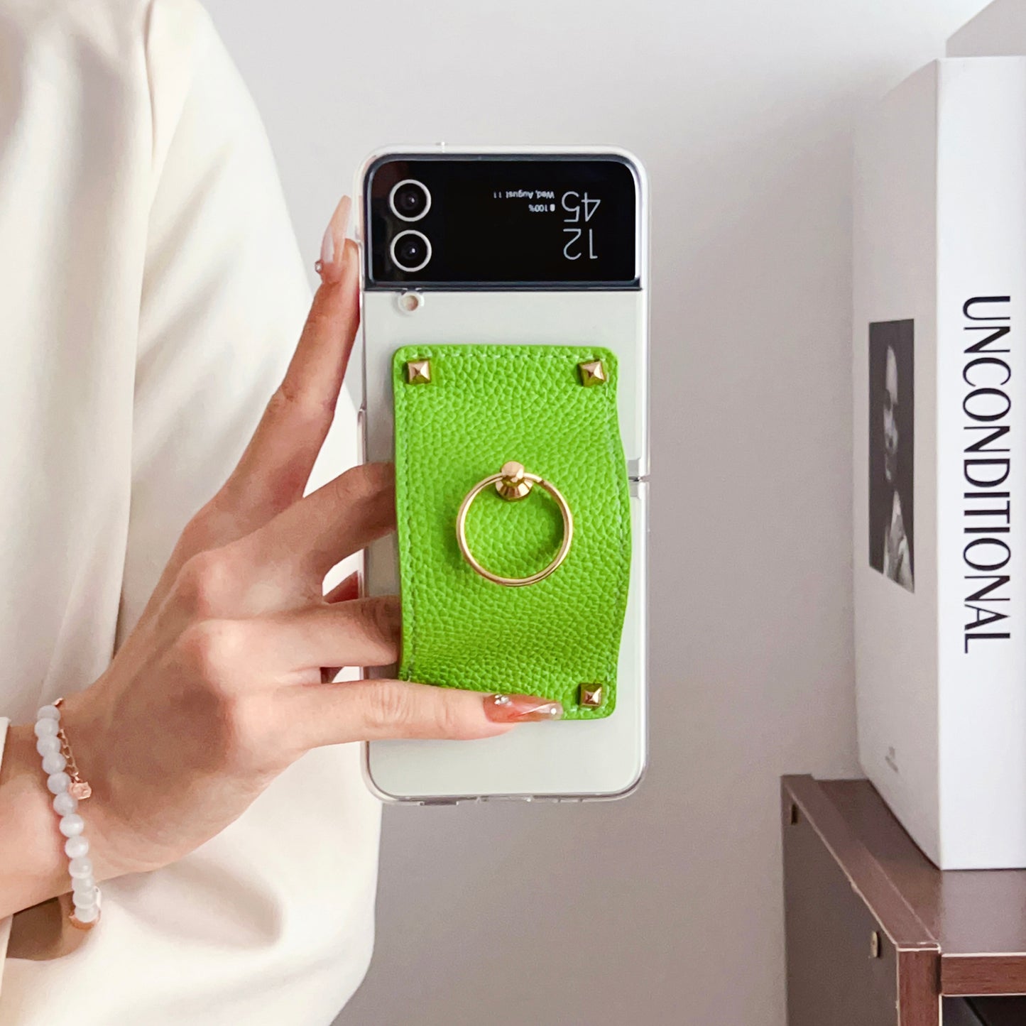 For Samsung Galaxy Z Flip4 5G Anti-Scratch PC Back Cover PU Leather Metal Ring Kickstand Phone Case