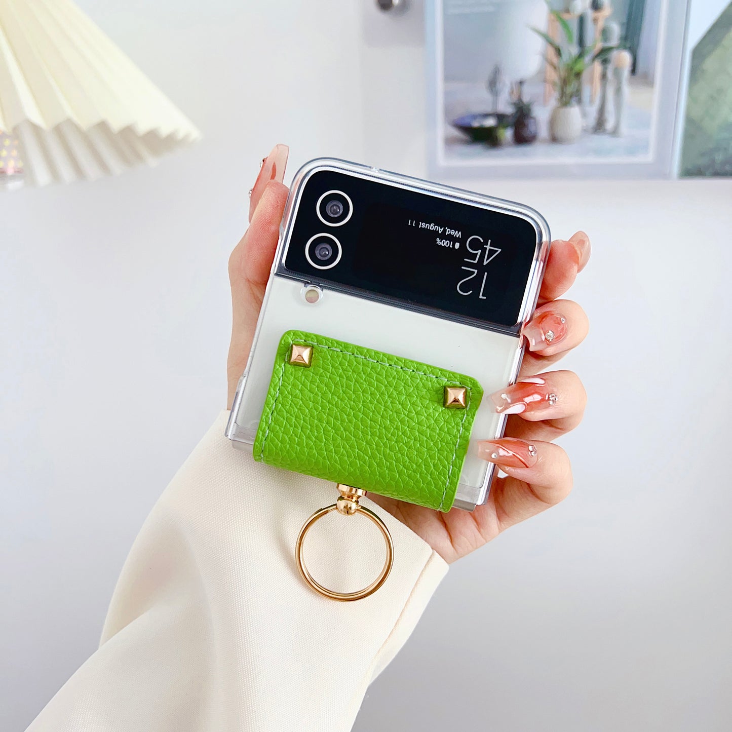 For Samsung Galaxy Z Flip4 5G Anti-Scratch PC Back Cover PU Leather Metal Ring Kickstand Phone Case