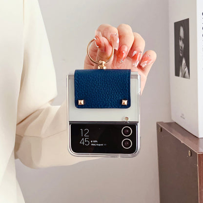 For Samsung Galaxy Z Flip4 5G Anti-Scratch PC Back Cover PU Leather Metal Ring Kickstand Phone Case