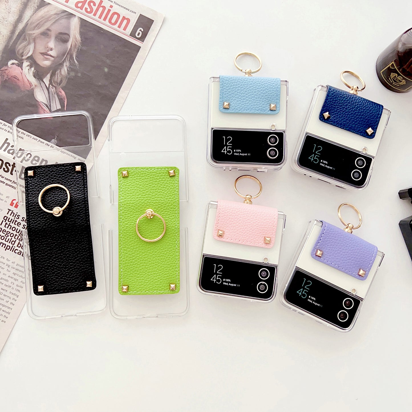 For Samsung Galaxy Z Flip4 5G Anti-Scratch PC Back Cover PU Leather Metal Ring Kickstand Phone Case