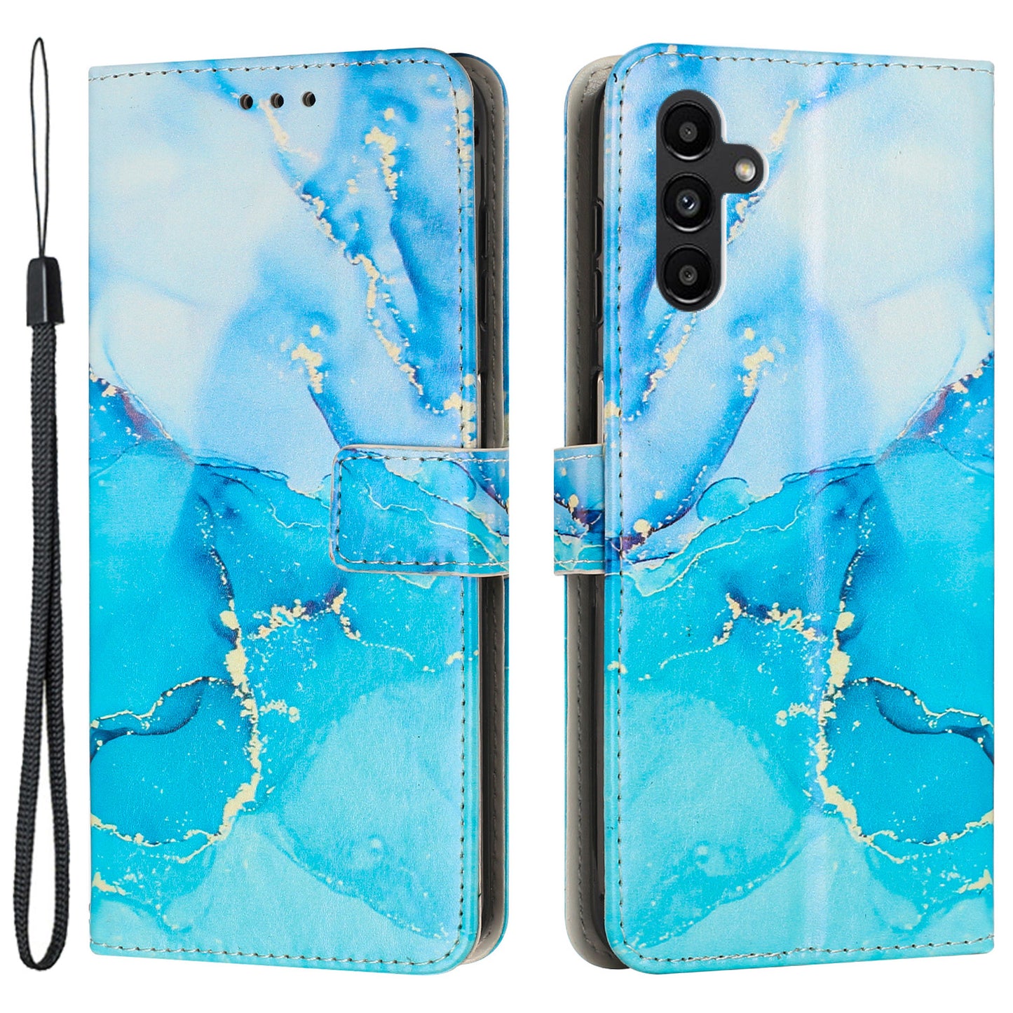 For Samsung Galaxy M14 5G Marble Pattern Flip Phone Case PU Leather Stand Wallet Cover with Strap