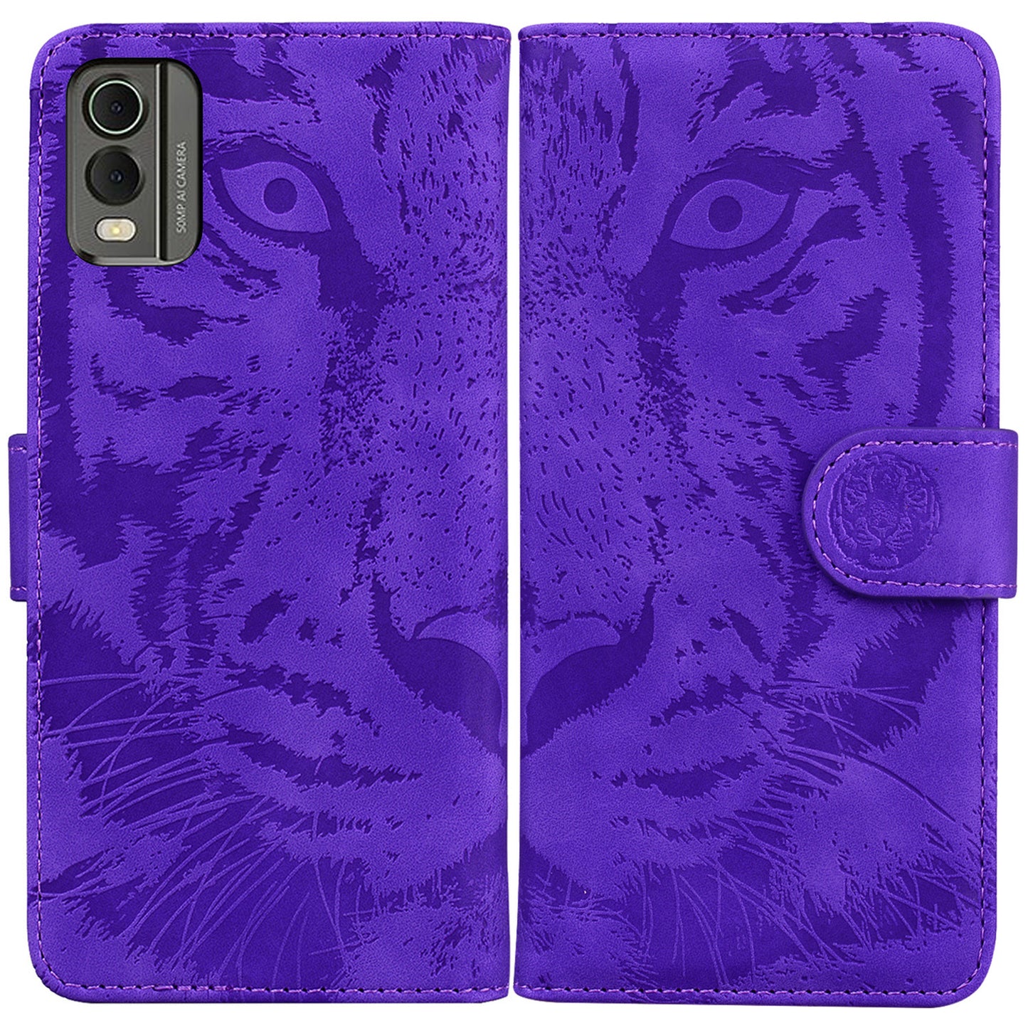 For Nokia C32 Anti-Scratch Stand Phone Cover Supporting Stand Shell Tiger Imprinted PU Leather Phone Case