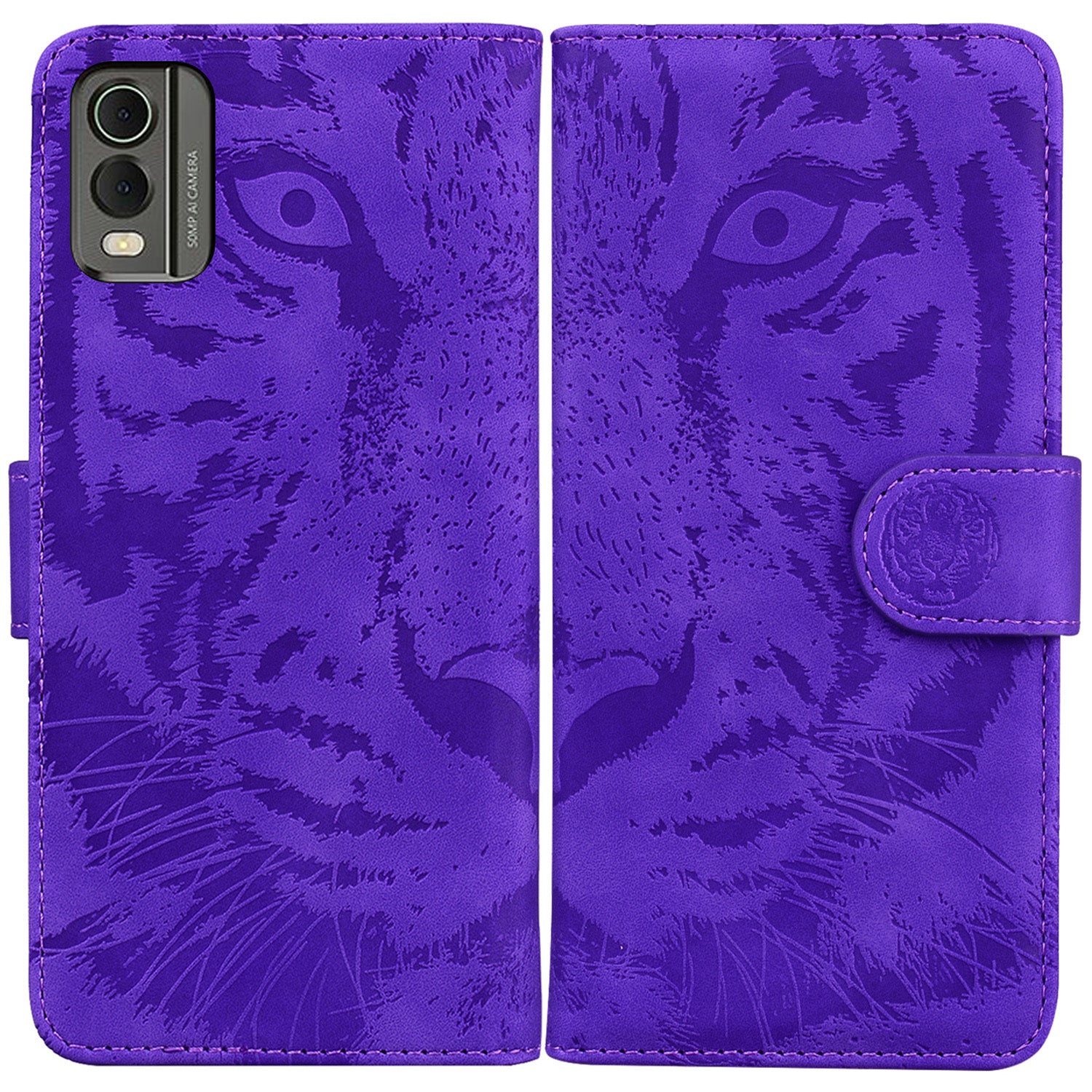 For Nokia C32 Anti-Scratch Stand Phone Cover Supporting Stand Shell Tiger Imprinted PU Leather Phone Case