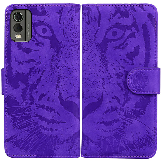 For Nokia C32 Anti-Scratch Stand Phone Cover Supporting Stand Shell Tiger Imprinted PU Leather Phone Case