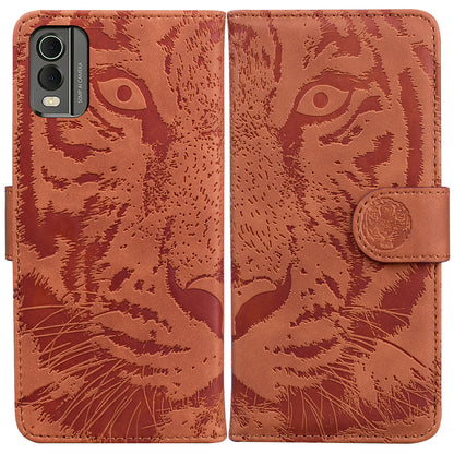 For Nokia C32 Anti-Scratch Stand Phone Cover Supporting Stand Shell Tiger Imprinted PU Leather Phone Case