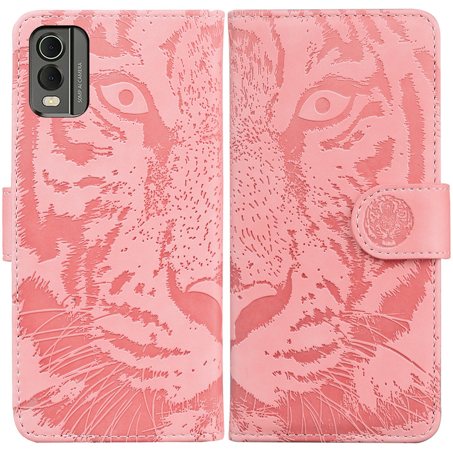 For Nokia C32 Anti-Scratch Stand Phone Cover Supporting Stand Shell Tiger Imprinted PU Leather Phone Case