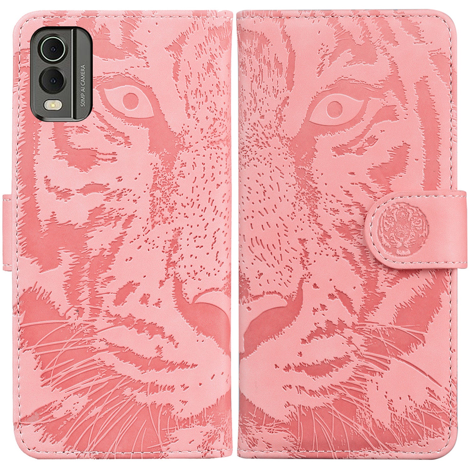 For Nokia C32 Anti-Scratch Stand Phone Cover Supporting Stand Shell Tiger Imprinted PU Leather Phone Case
