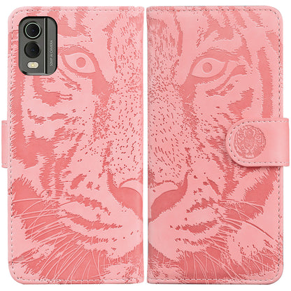 For Nokia C32 Anti-Scratch Stand Phone Cover Supporting Stand Shell Tiger Imprinted PU Leather Phone Case