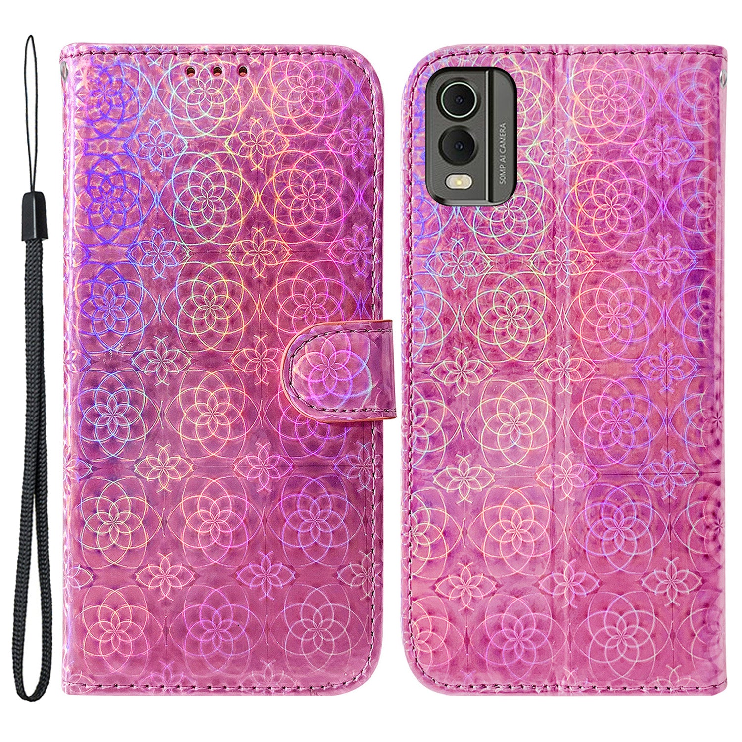 For Nokia C32 PU Leather Wallet Flip Case Dazzling Flower Pattern Folding Stand Phone Cover