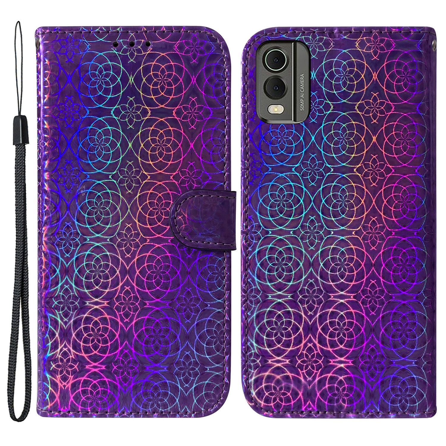 For Nokia C32 PU Leather Wallet Flip Case Dazzling Flower Pattern Folding Stand Phone Cover