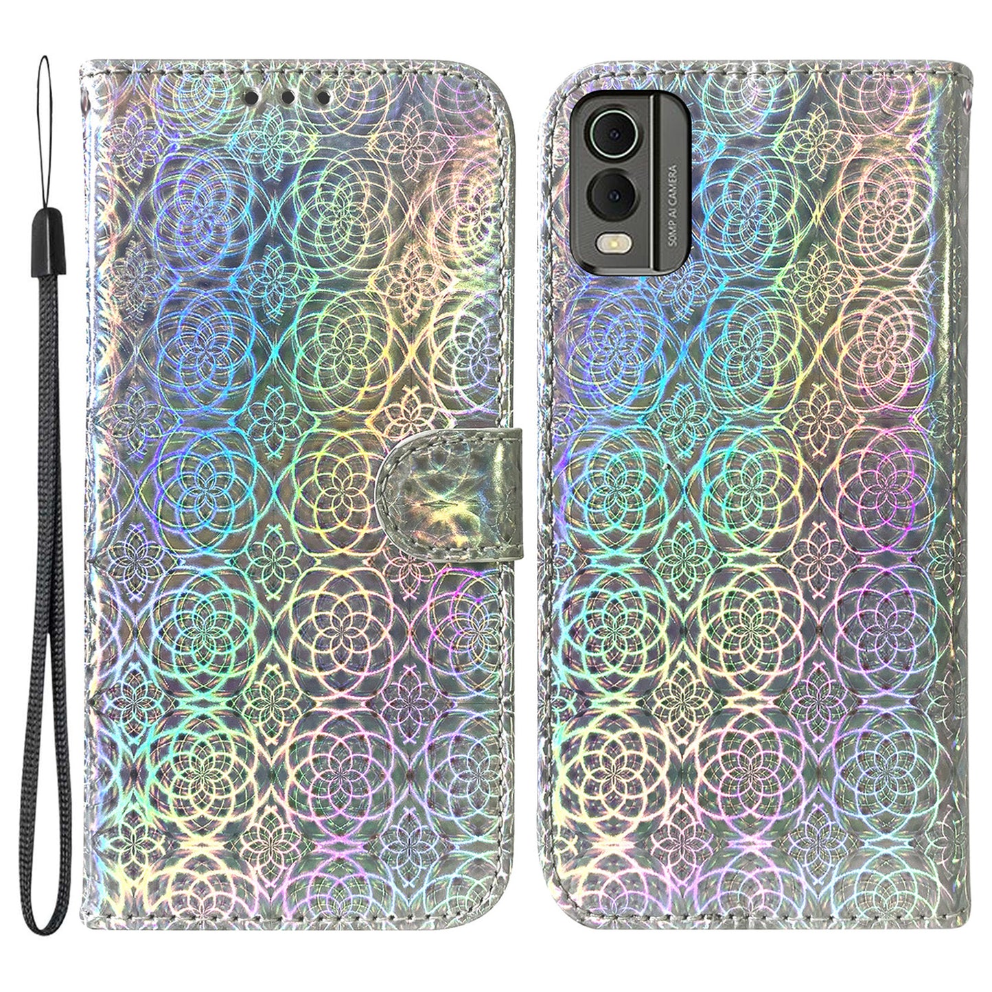 For Nokia C32 PU Leather Wallet Flip Case Dazzling Flower Pattern Folding Stand Phone Cover