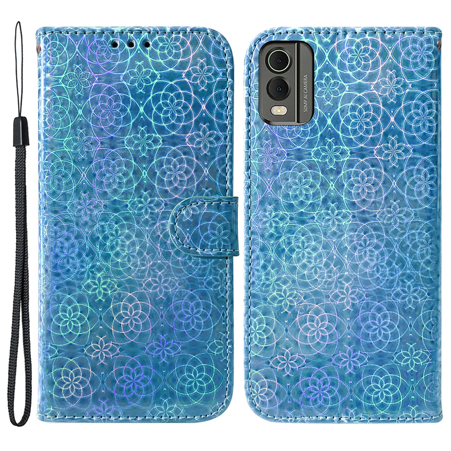 For Nokia C32 PU Leather Wallet Flip Case Dazzling Flower Pattern Folding Stand Phone Cover